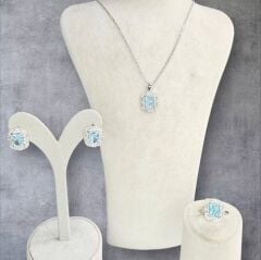 Aquamarin Renk Pırlanta İşçiliğinde Kolye, Küpe, Yüzük Gümüş Set
