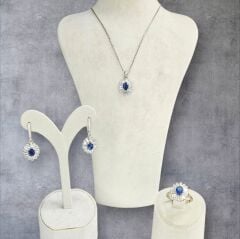 Safir Renk Pırlanta İşçiliğinde Kolye, Küpe, Yüzük Gümüş Set