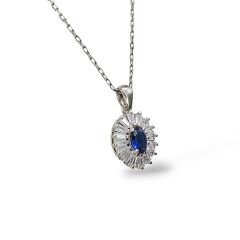 Safir Renk Pırlanta İşçiliğinde Kolye, Küpe, Yüzük Gümüş Set