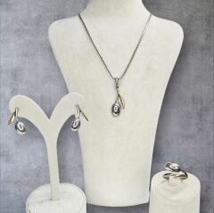 Zeytindalı Model Kadın Kolye, Küpe, Yüzük Gümüş Set