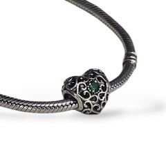 Kalp Model Yeşil Taş Gümüş Charm