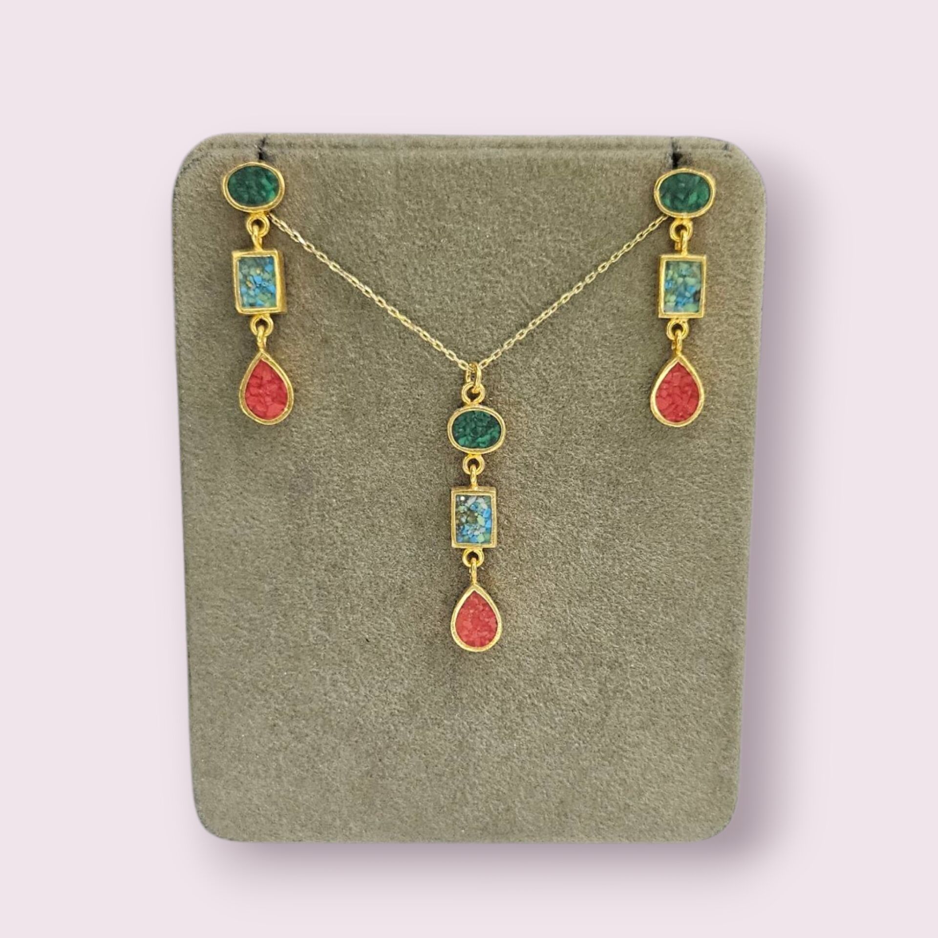 Mineli 14 Ayar Altın Kaplama Tasarım Gümüş Kolye- Küpe Takım