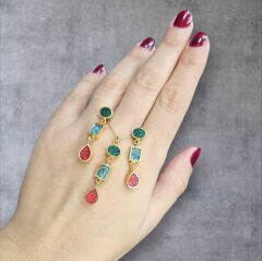 Mineli 14 Ayar Altın Kaplama Tasarım Gümüş Kolye- Küpe Takım