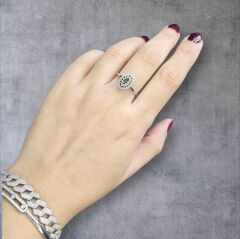 Oval Kesim Zirkon Taş Orta Taş Zümrüt Rengi Gümüş Yüzük