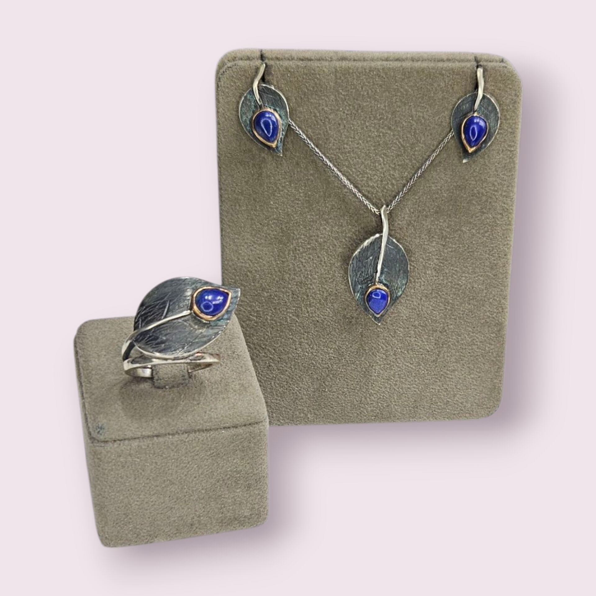 Lapis Taşlı Yaprak Form Tasarım Gümüş Set
