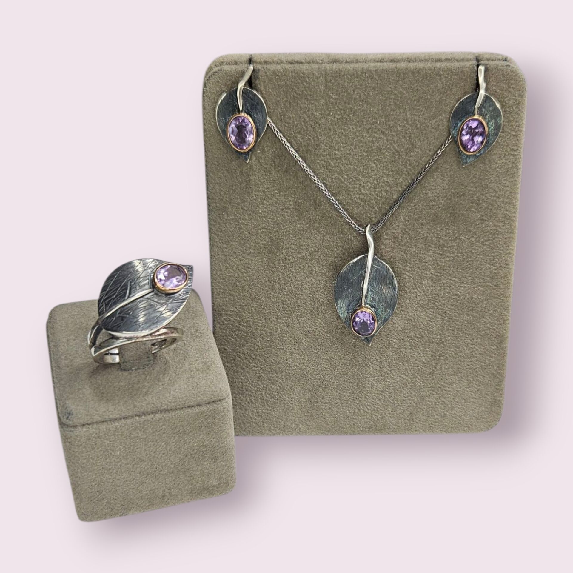 Ametist Taşlı Yaprak Form Tasarım Gümüş Set