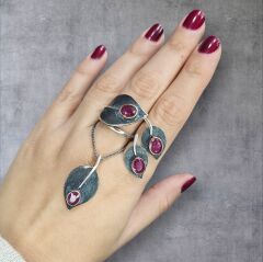 Yakut Taşlı Yaprak Form Tasarım Gümüş Set