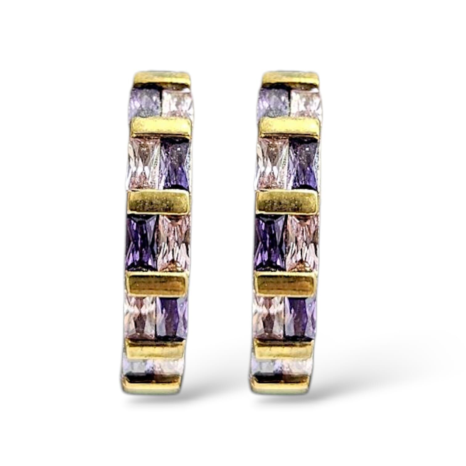 Pembe-Mor Taşlı 14 Ayar Gold Kaplama Gümüş Küpe