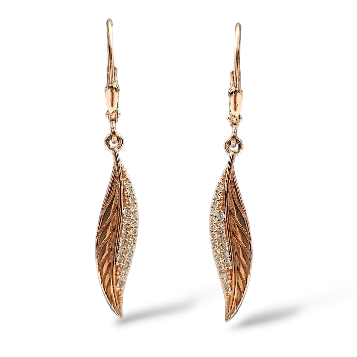 Taşlı Yaprak Form Rose Kaplama Gümüş Küpe