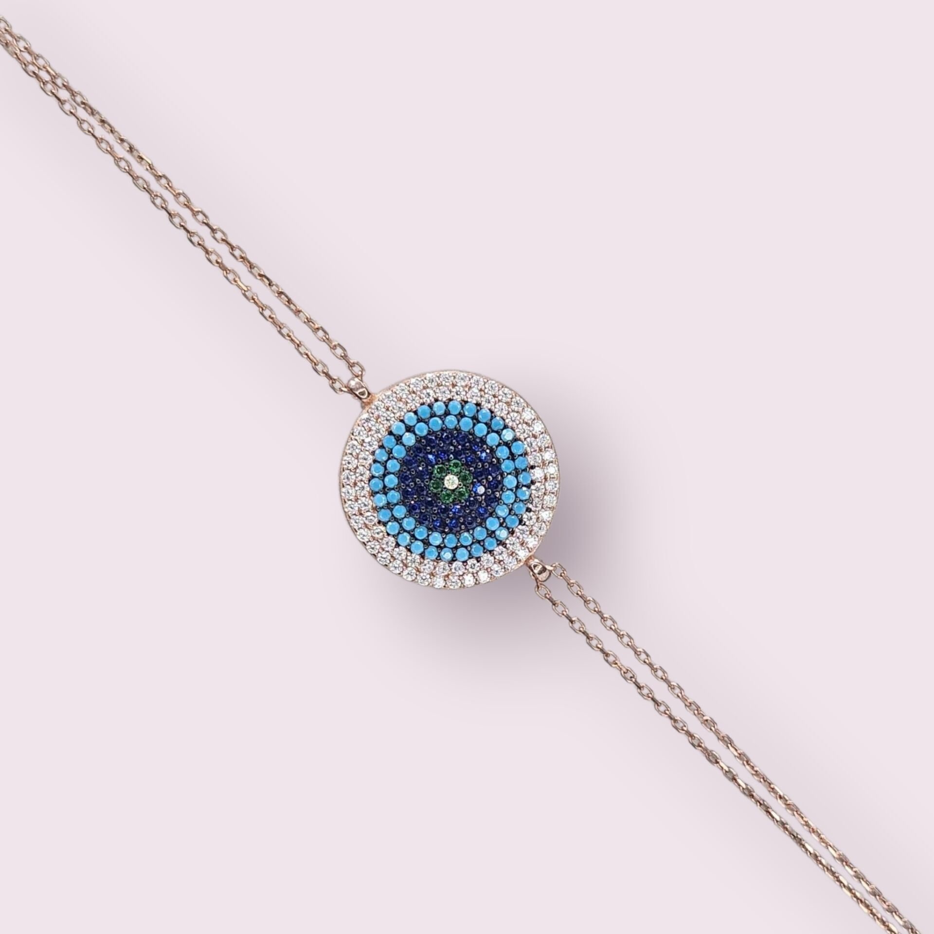 Büyük Boy Nazar Boncuklu Rose Kaplama Gümüş Bileklik