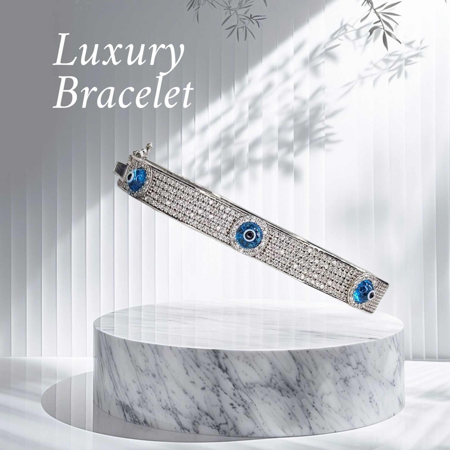 Taşlı Nazar Boncuklu Gümüş Kelepçe Bileklik