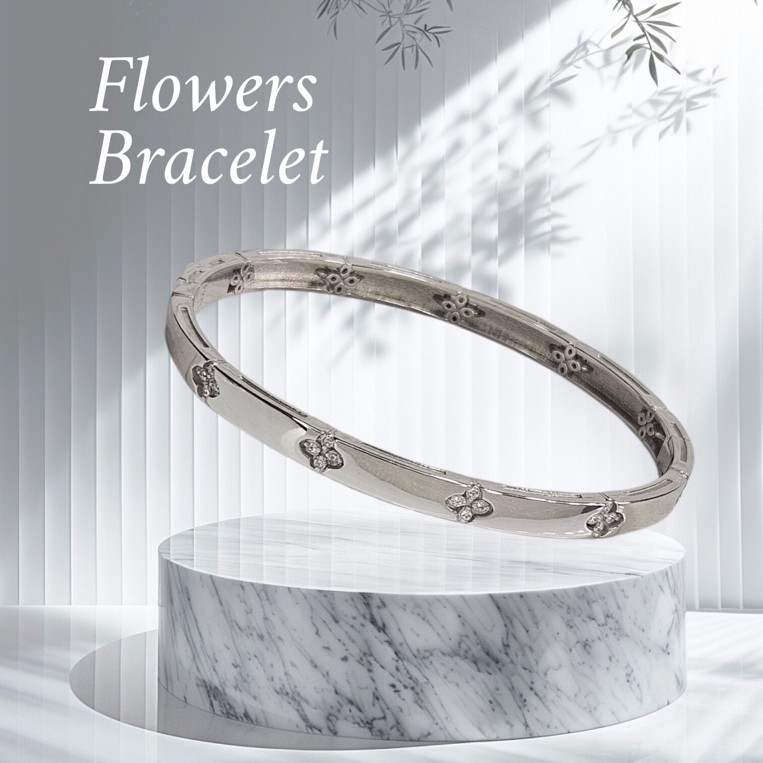Çiçek Desen Gümüş Kelepçe Bileklik