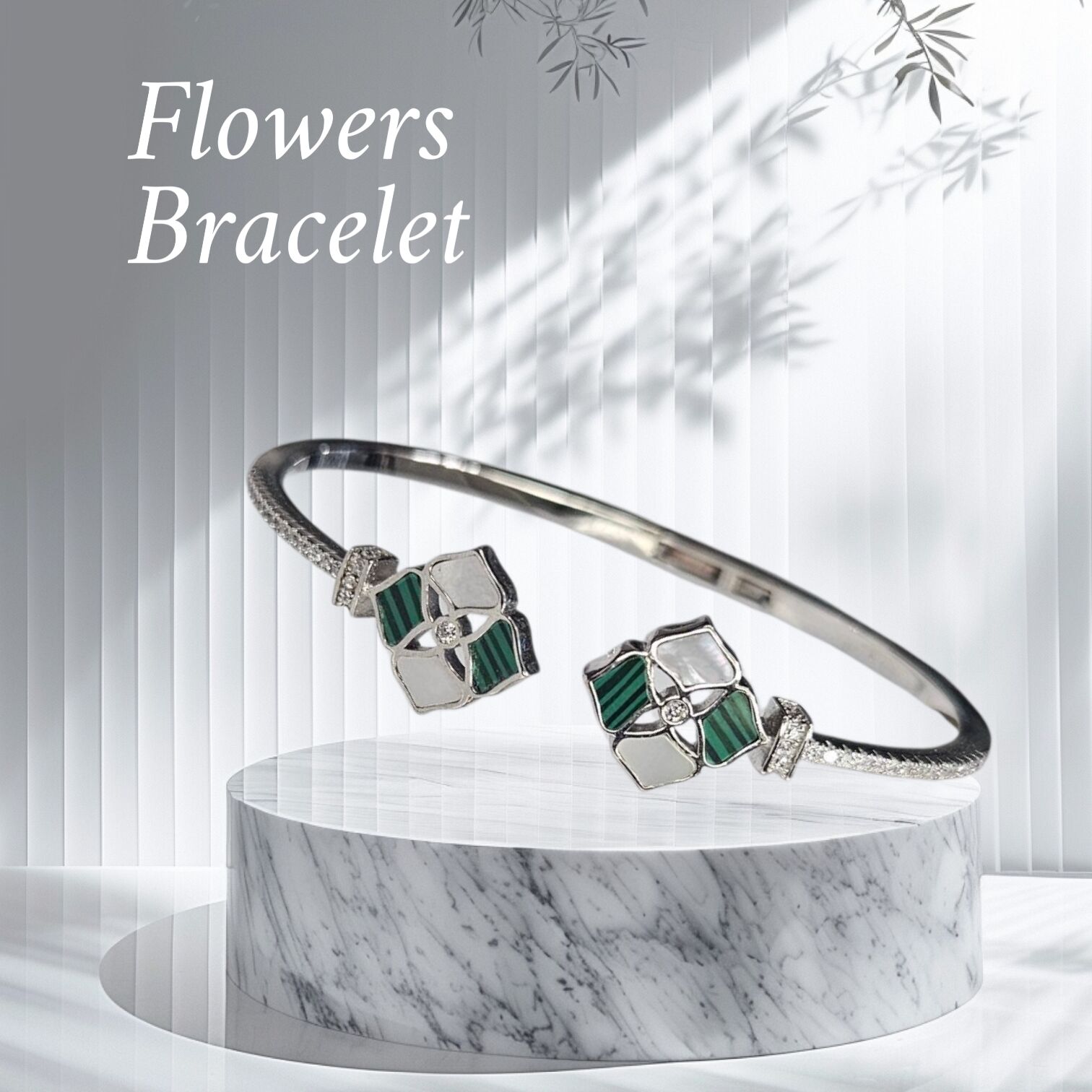 Yeşil Çiçek Model Sedefli Gümüş Kelepçe Bileklik