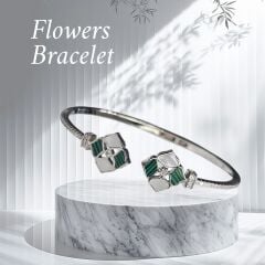 Yeşil Çiçek Model Sedefli Gümüş Kelepçe Bileklik