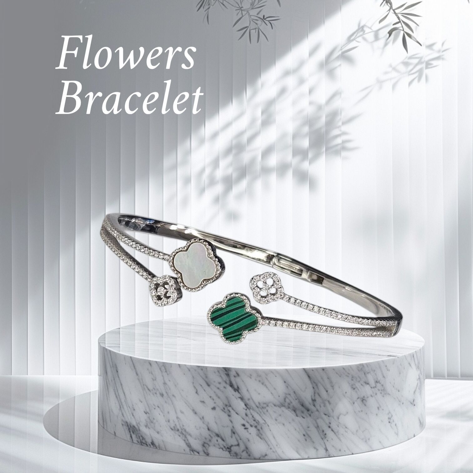 Çiçek Model Sedefli Gümüş Kelepçe Bileklik