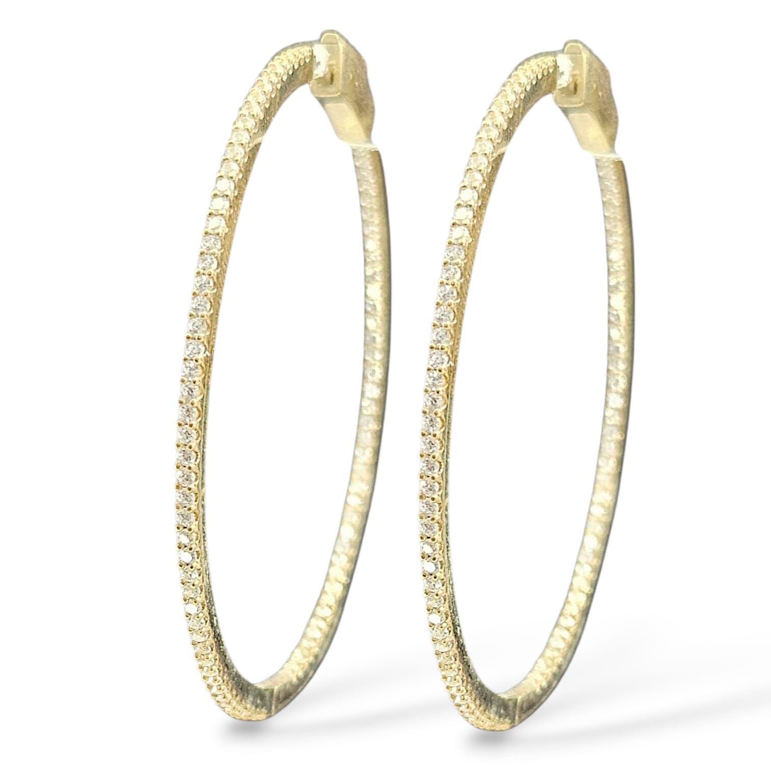 Çift Taraflı Taşlı İnce Büyük Boy Gold Halka Küpe