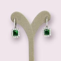 Zümrüt Rengi Taşlı Kare Kesim Gümüş Küpe