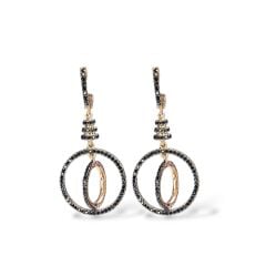 Rose Kaplama Siyah Taşlı İç İçe Sallantılı Gümüş Küpe