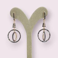 Rose Kaplama Siyah Taşlı İç İçe Sallantılı Gümüş Küpe