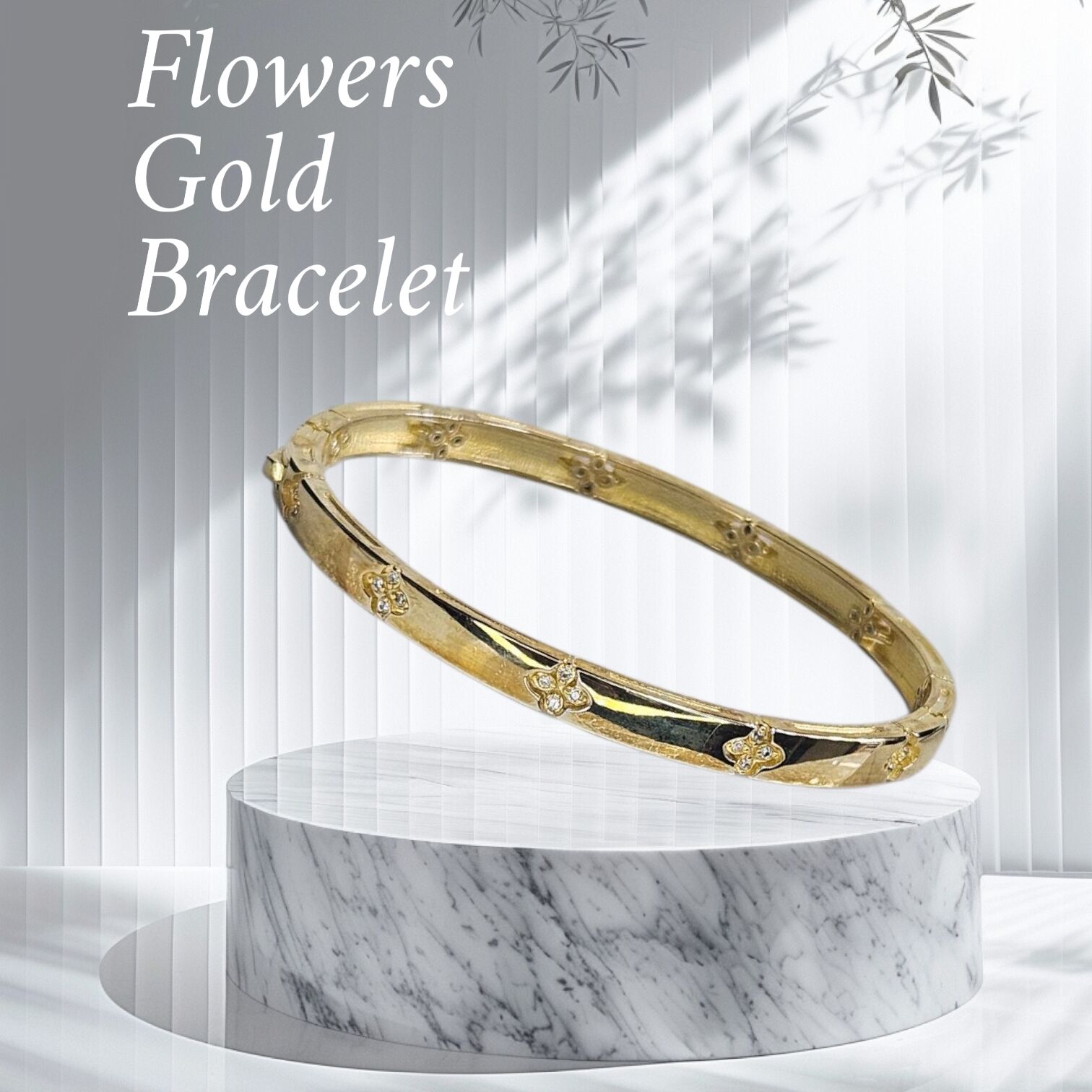 Çiçek Desen 14K Altın Kaplama Gümüş Kelepçe Bileklik