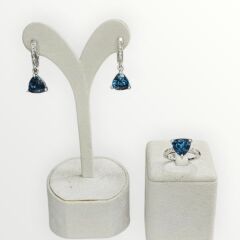 Blue Mavi Topaz Üçgen Form Şık Kadın Gümüş Küpe Yüzük Takım
