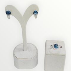 Blue Mavi Topaz Oval Form Şık Kadın Gümüş Küpe Yüzük Takım