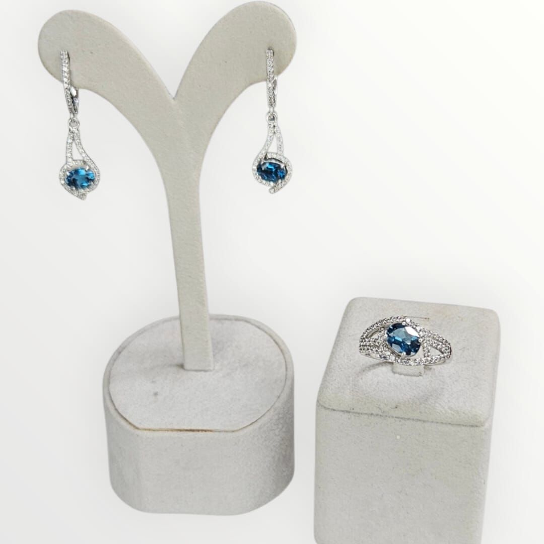 Blue Mavi Topaz Oval Form Sallantılı Kadın Şık Gümüş Küpe Yüzük Takım