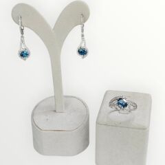 Blue Mavi Topaz Oval Form Sallantılı Kadın Şık Gümüş Küpe Yüzük Takım