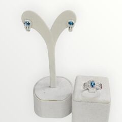 Blue Mavi Topaz Oval Form Kadın Şık Küpe Yüzük Gümüş Takım