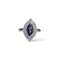 Blue Mavi Topaz Elmas Form Kadın Şık Küpe Yüzük Gümüş Takım