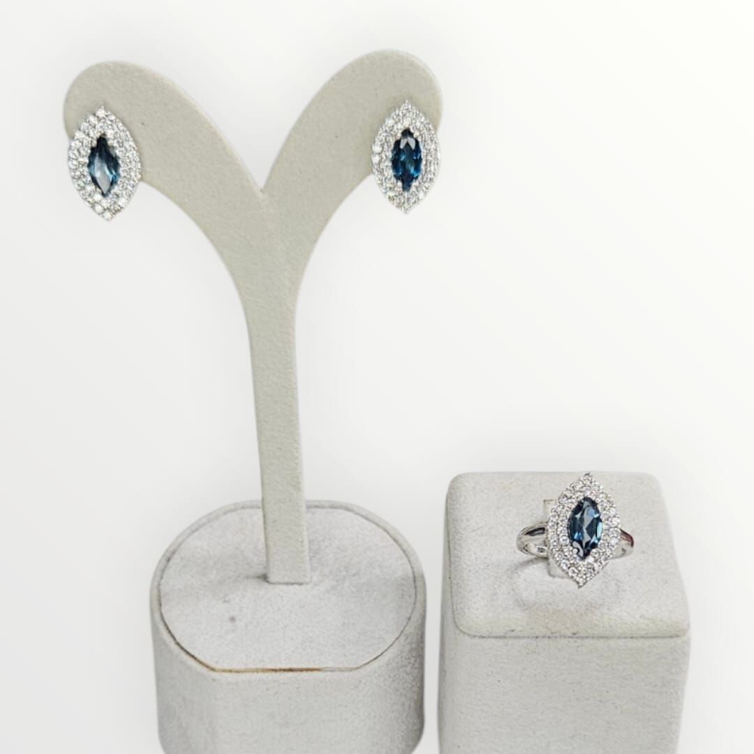 Blue Mavi Topaz Elmas Form Kadın Şık Küpe Yüzük Gümüş Takım