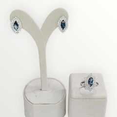 Blue Mavi Topaz Elmas Form Kadın Şık Küpe Yüzük Gümüş Takım