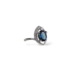 Blue Mavi Topaz Oval Form Kadın Şık Küpe Yüzük Gümüş Takım