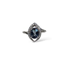 Blue Mavi Topaz Oval Form Kadın Şık Küpe Yüzük Gümüş Takım