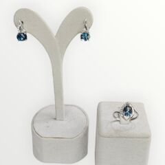 Blue Mavi Topaz Oval Form Kadın Şık Küpe Yüzük Gümüş Takım