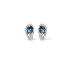 Blue Mavi Topaz Oval Form Kadın Şık Küpe Yüzük Gümüş Takım