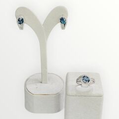 Blue Mavi Topaz Oval Form Kadın Şık Küpe Yüzük Gümüş Takım