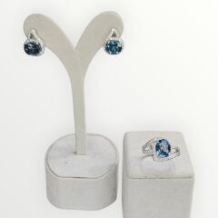 Blue Mavi Topaz Oval Form Kadın Şık Küpe Yüzük Gümüş Takım