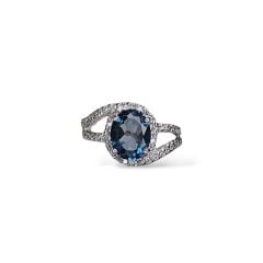 Blue Mavi Topaz Oval Form Kadın Şık Küpe Yüzük Gümüş Takım