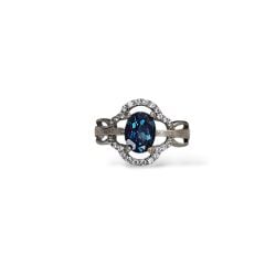 Blue Mavi Topaz Oval Form Kadın Şık Küpe Yüzük Gümüş Takım