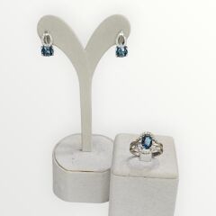Blue Mavi Topaz Oval Form Kadın Şık Küpe Yüzük Gümüş Takım