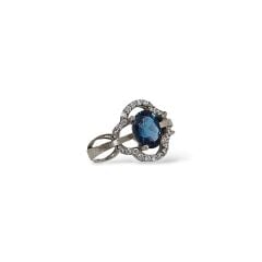 Blue Mavi Topaz Oval Form Kadın Şık Küpe Yüzük Gümüş Takım
