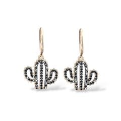 Siyah Taşlı Kaktüs Model Gümüş Küpe