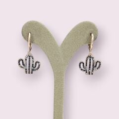 Siyah Taşlı Kaktüs Model Gümüş Küpe