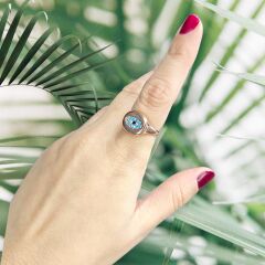 Mavi Taşlı Rose Kaplama Gümüş Yüzük - 16 no