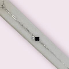 Siyah Yonca Tektaş Detay Gümüş Bileklik - 19 cm