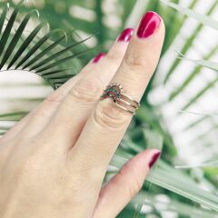 Yeşil Taşlı Minimal Rose Kaplama Gümüş Yüzük - 13 no