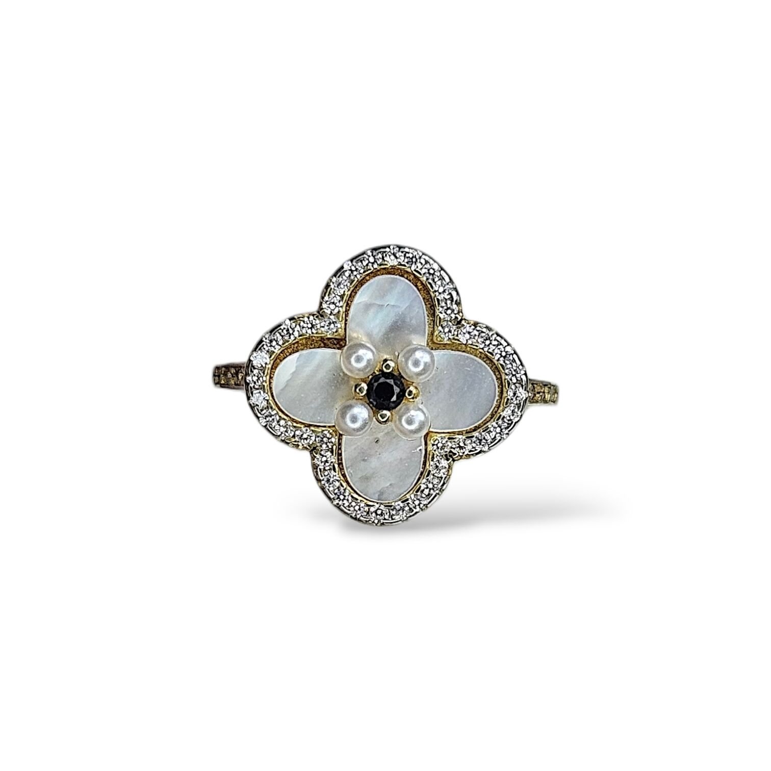 Sedef Taşlı İncili 14K Altın Kaplama Gümüş Yüzük - 12 no