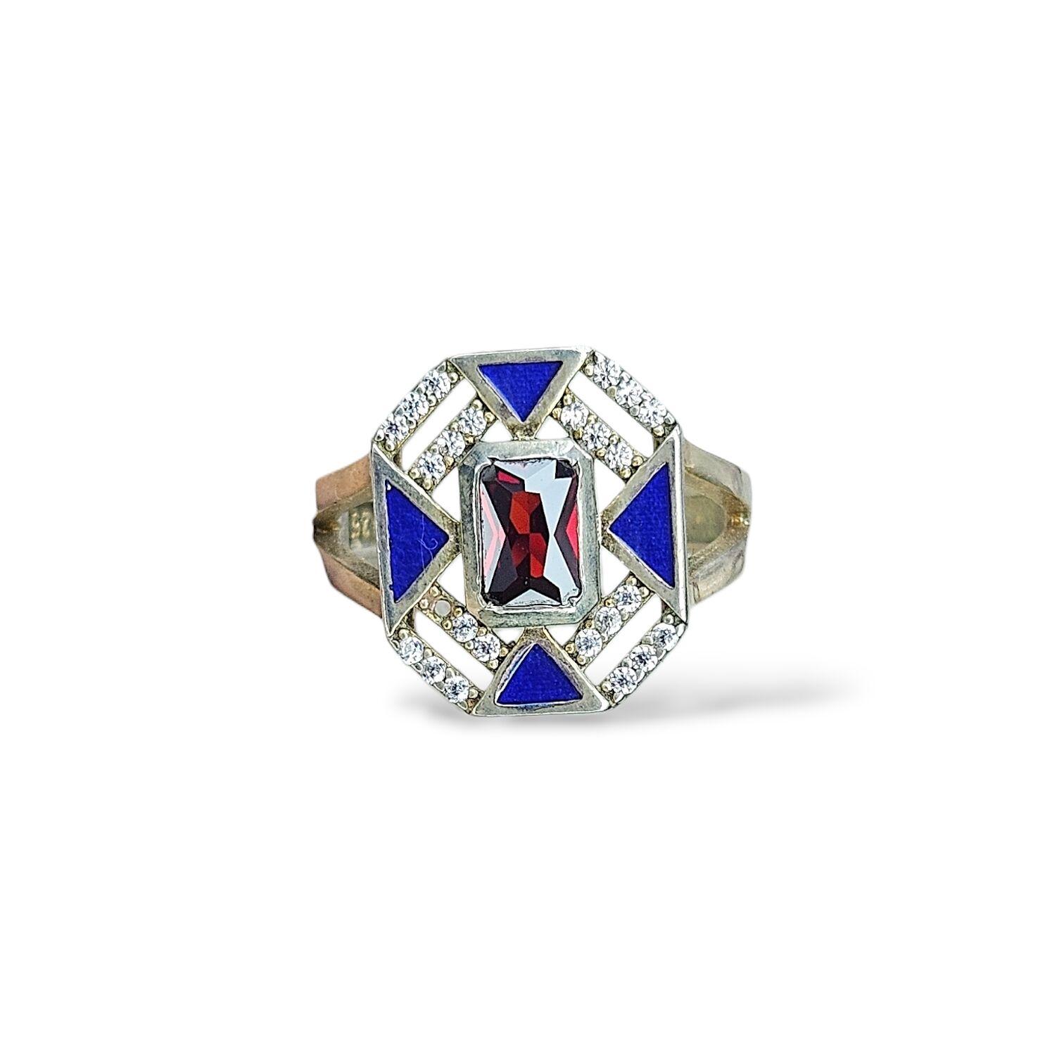 Mavi Taşlı Kırmızı Detay 14K Altın Kaplama Gümüş Yüzük