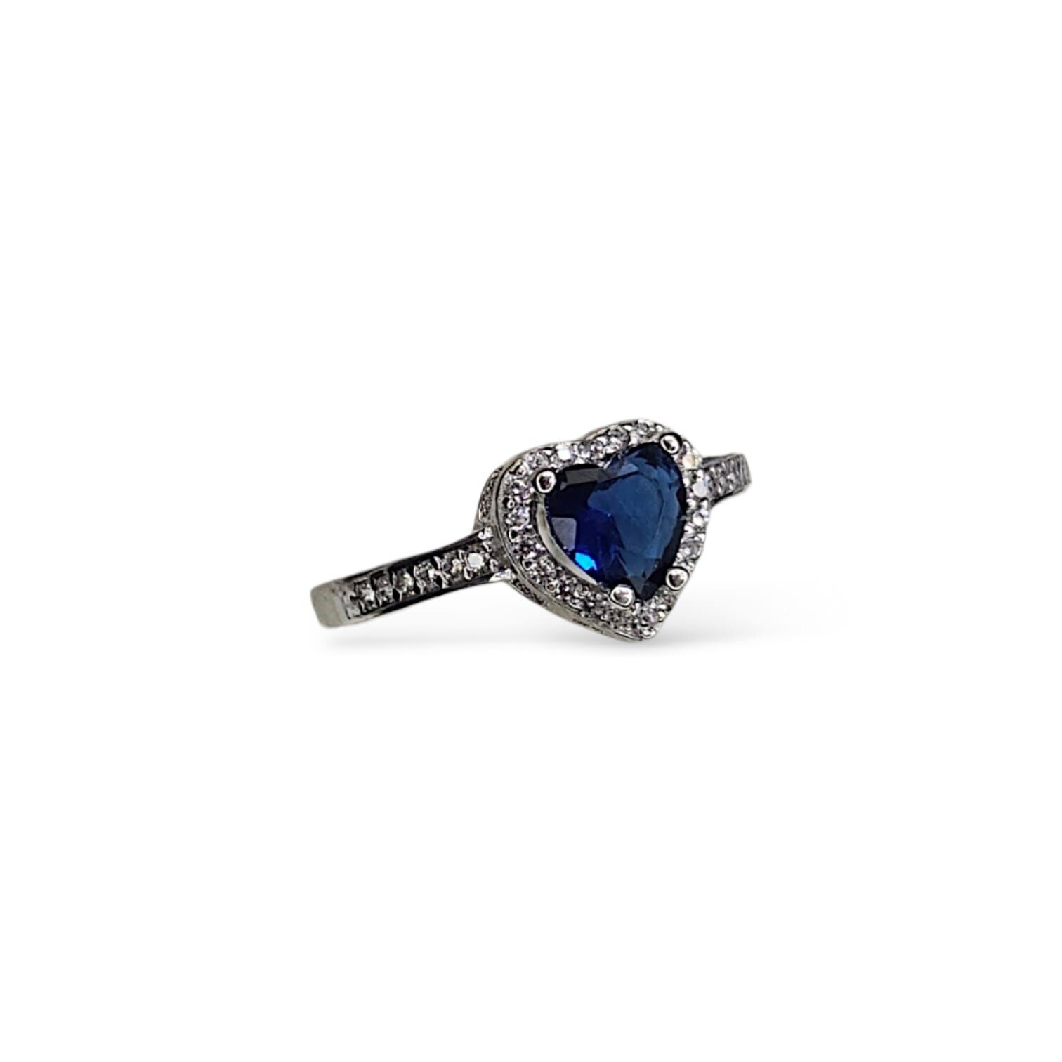Safir Renk Kalp Model Zirkon Taşlı Gümüş Yüzük - 15 No